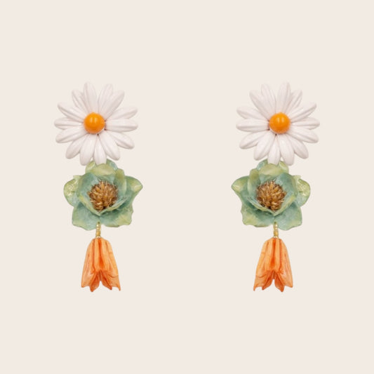 Pendientes Flor Margarita y Campanilla Naranja | Hechos a mano | Bañados en oro