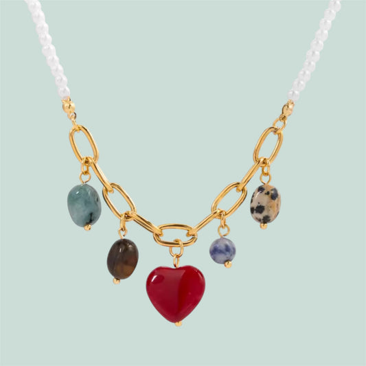 Collar Corazón con Piedras — Acero Inoxidable