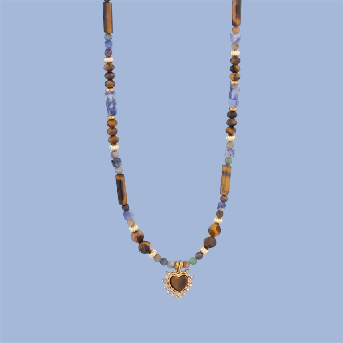 Collar Corazón Dorado + Piedras Naturales Acero
