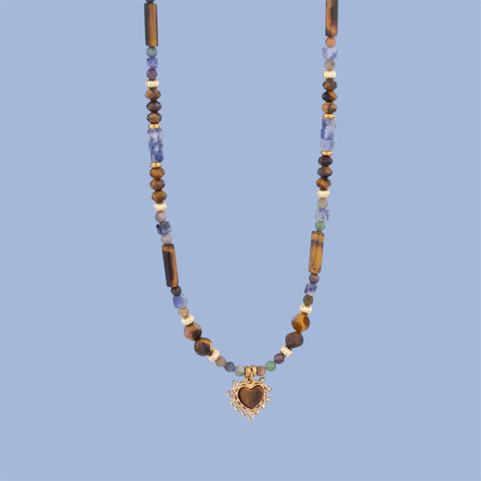 Collar Corazón Dorado + Piedras Naturales Acero